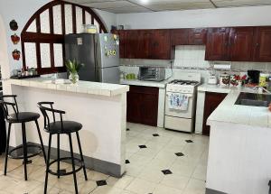 莱昂El Callejon Guest House的厨房配有冰箱和2个吧台凳