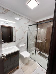博尔沙Pensiunea Lacul Arșiței的浴室配有卫生间、淋浴和盥洗盆。