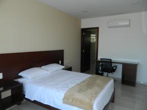 博卡德尔里奥ACL Suites的一间卧室配有一张床、一张桌子和一把椅子