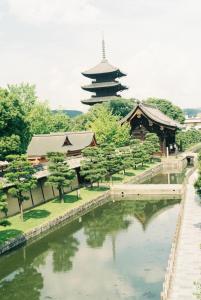 京都江房的一座寺庙和一条有树木和建筑物的河流