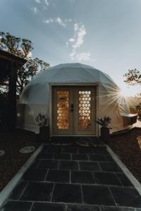 NogalOna Geo Dome At El Mstico的圆顶帐篷,有门在院子里