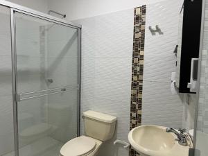 阿劳卡COOL HOUSE 24Horas的带淋浴、卫生间和盥洗盆的浴室