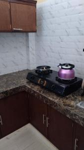 乌布D'Natha Villa Ubud的厨房里一个炉子上方的紫色锅