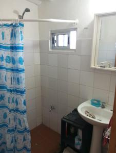 凯博波洛尼奥El Navegante的浴室配有淋浴帘和盥洗盆。