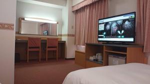 敦贺市Hotel Alpha-One Tsuruga的酒店客房配有电视、书桌和椅子