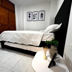 卡塔赫纳Apartamentos San José的一间卧室配有一张床和一张桌子及四柱床