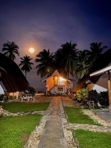 AborlanSurya Beach Resort Palawan的天空中月亮的夜晚房屋