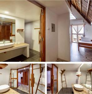 AborlanSurya Beach Resort Palawan的浴室设有水槽和卫生间,两幅图片