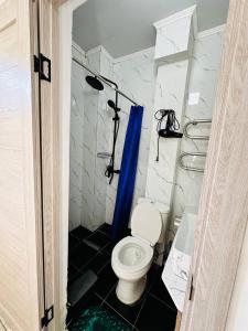 阿拉木图Гостевой Дом Guest of Almaty的浴室设有卫生间和蓝色的浴帘。