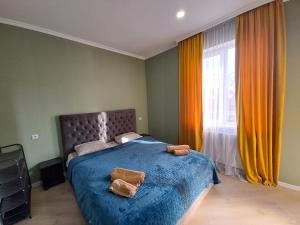 阿哈尔齐赫Guest House "AKHALTSIKHE"的一间卧室配有一张带蓝色床单的床和一扇窗户。