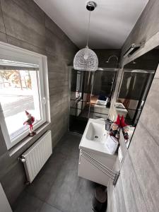 卡尔帕奇Apartamenty Alcatraz z Jacuzzi的一间带水槽和镜子的浴室