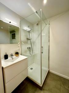 蒙斯Luxury Suites Mons的带淋浴和盥洗盆的白色浴室