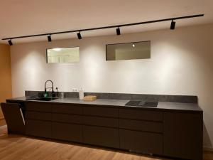 埃森Lofts V26的厨房柜台配有水槽和两面镜子