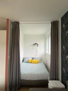 凯恩Appartement BIENVENUE au calme quartier Venoix的一间卧室配有一张带黄色枕头的床