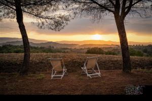 VillastradaAgriturismo La Casetta del Sole的两把椅子坐在地里,背着日落