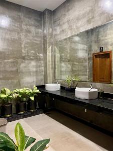 暹粒Le Vert Angkor Hotel的浴室设有2个水槽和盆栽植物