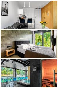 卢布林Apartamenty Premium NJ Lublin Centrum Basen & SPA的卧室配有一张床和一间浴室的两张照片