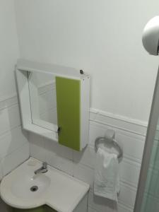 弗洛里亚诺波利斯AP Floripa的白色浴室,设有位于水槽上方的绿色橱柜
