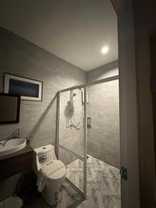 奈扬海滩桑塔里之家旅馆的带淋浴、卫生间和盥洗盆的浴室