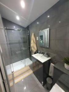 The HydeLovely double room with en-suite bathroom的带淋浴和盥洗盆的浴室