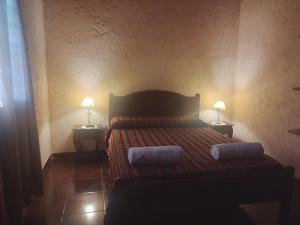 圣拉斐尔cabañas elita的一间卧室配有一张床,两台桌子上放着两盏灯