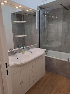 热拉梅Appartement résidence Les Dryades的浴室配有水槽、淋浴和浴缸。