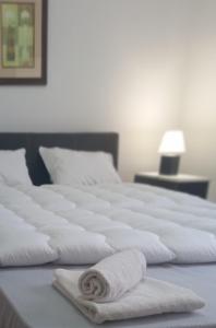 莫斯塔尔Apartments Mostar的一张白色大床,上面有毛巾