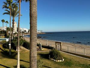 米哈斯科斯塔Beachfront apartment Mijas Costa - Marbella的享有棕榈树海滩和大海的景色