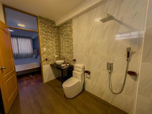 皮萨克Pisonay Hotel的一间带卫生间和水槽的浴室