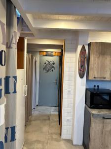 居让梅斯特拉T1bis à La Hume的走廊上设有蓝色门和厨房