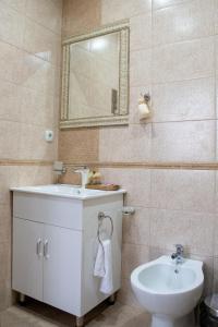 班斯科Infinity Boutique Apartments的一间带水槽、卫生间和镜子的浴室