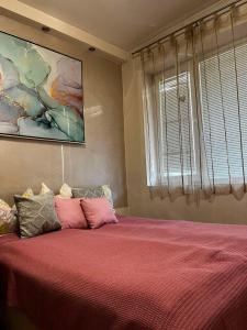 乌日策波姆蚌耶拉公寓的一间卧室配有一张带粉色床单的床和一扇窗户。