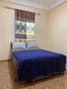 BrikamaSaffy Guest House的一间卧室配有一张蓝色的床和窗户