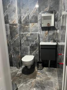 伊斯坦布尔Zerya suites的一间带卫生间、水槽和镜子的浴室