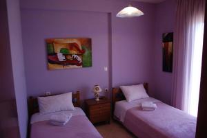 约阿尼纳Nikos Apartments的紫色墙壁客房的两张床