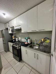拉塞雷纳Frente a aeropuerto的厨房配有白色橱柜、水槽和炉灶。
