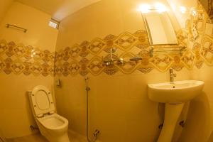 博卡拉Subedi Apartment的一间带水槽、卫生间和镜子的浴室
