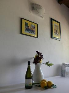 ChiusanicoAgriturismo La Vigna的一瓶葡萄酒和一张花瓶在桌子上