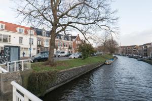 哈莱姆Kampervest Apartment Haarlem的城市里一条有汽车和建筑物的河流