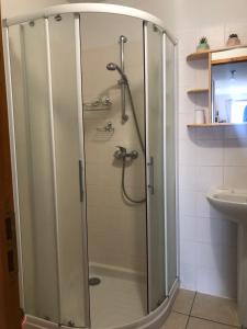 LayeLe Chamois 2的浴室里设有玻璃门淋浴