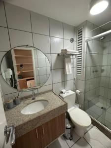 巴雷里尼亚斯Gran Lençois Flat的一间带卫生间、水槽和镜子的浴室