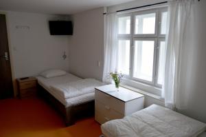捷克布杰约维采Horská Chata U Vleku的一间卧室设有两张床和窗户。