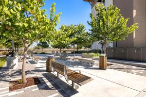 圣何塞Hampton Inn San Jose Cherry Ave, CA的人行道上长着长椅和树木的公园