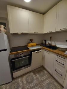 弗尔博夫斯科Studio apartman Singer的厨房配有白色橱柜和炉灶烤箱。