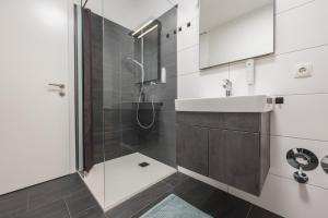 因斯布鲁克myQuartier Central City Suites的带淋浴和盥洗盆的浴室