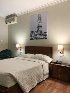 马亚美洲狮旅馆的卧室配有一张床,墙上挂着一幅画
