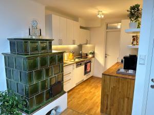 萨尔茨堡Family Home Green Paradise with Garden & free parking的一间大厨房,配有白色的橱柜和柜台