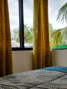 坎昆CASA CORAZA的一间卧室设有一张床,窗户拥有棕榈树