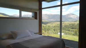 科伊艾科Cabañas Patagonia Indómita的一间卧室设有一张床和一个享有山景的大窗户