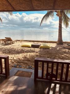 罗哈斯Mecaja Beach House的海滩景,设有长凳和棕榈树